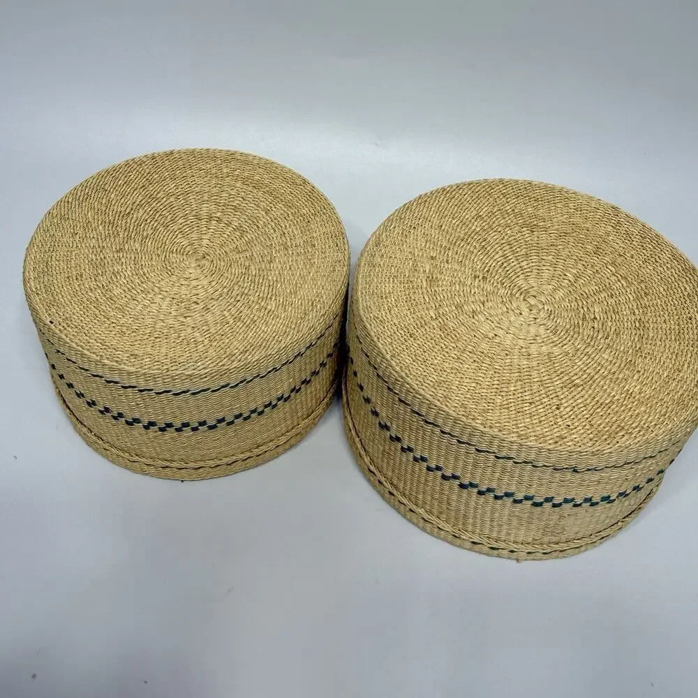 Set 2 Beige Teal Green Tightly Woven Nesting Baskets Lids Boxes Round 5.75